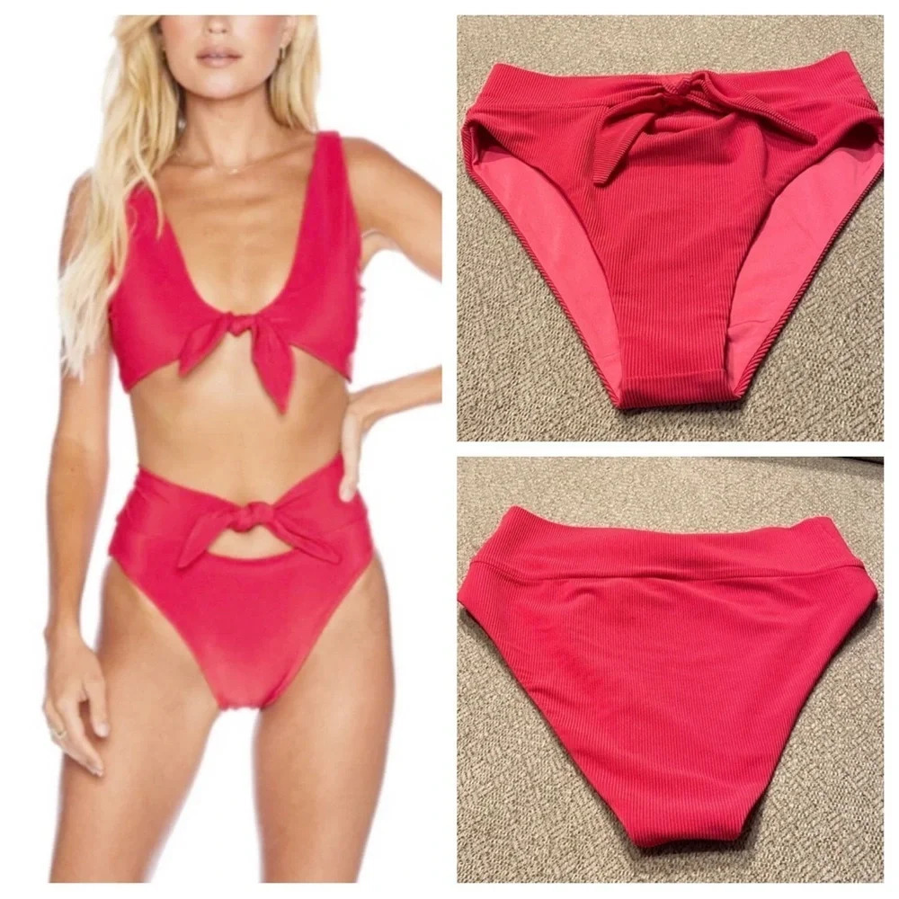 New! Beach Riot Emma cutout bow front bikini bottom pink rib 14382